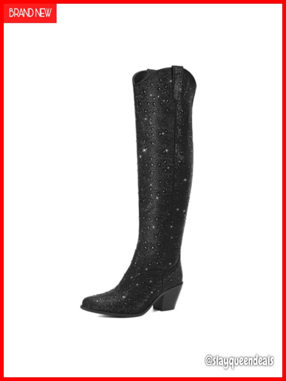 Rhinestone Over the Knee Cowboy Boots Pointed Toe Block Heel